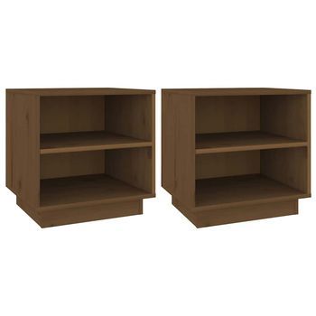 Pack 2 Uds Mesitas De Noche | Mesa Auxiliar | Mesilla Madera De Pino Marrón Miel 40x34x40 Cm