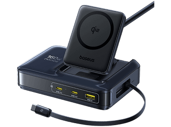 Docking Station - Baseus Nomos NH21 4-en-1, Universal, Tipo‑C, USB y Qi2, Carga inalámbrica simultánea, Con cable retráctil, Negro Cosmic