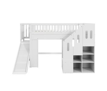 Cama alta infantil 90x200 - con tobogán, barandilla y escalera con almacenaje, led - blanco