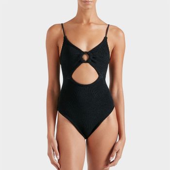 Hunza G Crystal Hoop Detail Stretch-Seersucker Swimsuit