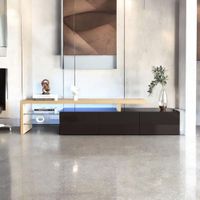 mueble de tv led de madera negra con 3 puertas y estantes de cristal