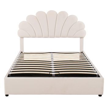 Cama Con Almacenaje Acolchada De Terciopelo 140x200cm Cabecero En Forma De Flor Con Somier De Láminas Beige