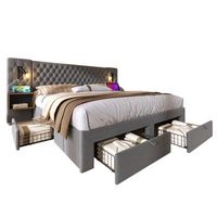 conjunto de dormitorio completo cama de 160200 cm con 2 mesitas de noche y 4 cajones cabecera con luz de lectura y puertos usbtype-c estilo vintage gris seda estructura metalica estable sin colchon
