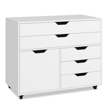 Costway Cómoda de 5 Cajones Móvil con Puerta 5 Ruedas Archivador Lateral Rodante Soporte para Impresora Gabinete de Almacenaje para Oficina Blanco