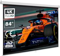pantalla para proyector manual 84 pulgadas luxscreen area visible blanca 165 x 124cm requiere un espacio de instalacion de 180cm instalacion a pared o techo borde perimetal negro y parte
