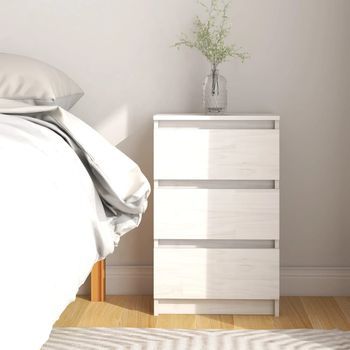 Mesita De Noche - Mueble Para Dormitorio - Madera Maciza De Pino - Blanco (40x29.5x64cm)