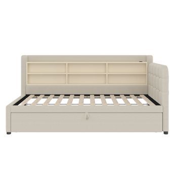 Cama Tipo Daybed 90x200 - Sofá Cama Multifuncional Con Almacenamiento, Usb Y Tipo C - Beige