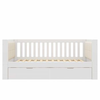 Sofá Cama 90x200 Cm - 2 Cajones, Madera, Brazos Redondeados, Respaldo Cómodo, Ideal Para Apartamentos Pequeños, Montaje Fácil, Sin Colchón - Blanco