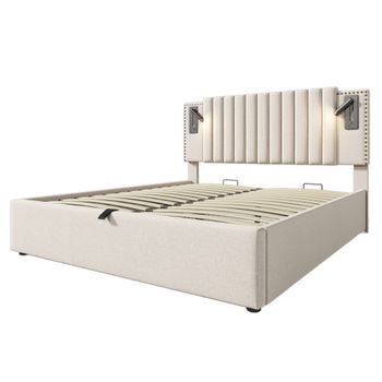 Cama Beige De Algodón Y Lino 180 X 200 Cm Con Almacenaje Hidráulico, Luces De Lectura, 2 Usb Y 2 Usb-c