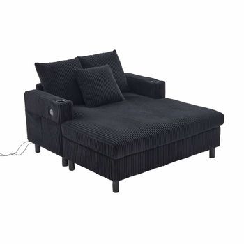 Sillón Chaiselongue Grande - Con Portavasos Laterales, Puertos Usb, Iluminación Led Ambiental - Negro