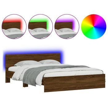 Cama Matrimonial | Cama Para Adultos | Estructura De Cama Cabecero Y Luces Led Marrón Roble 160x200 Cm