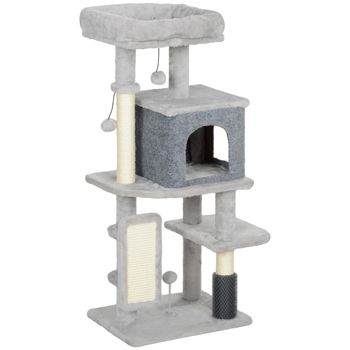 PawHut Árbol Rascador para Gatos Altura 104 cm con Plataformas Poste con Cepillo Bolas Colgantes y Almohadilla para Rascar Gris