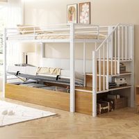 litera 90x200 cm con escalera de almacenaje y arcon hidraulico - metal mdf y contrachapado - blanco colchon no incluido
