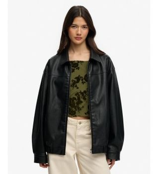 Superdry para mujer. W5012158A Cazadora de piel sintética Collared Oversized negro (M), Casual, Poliéster