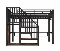 cama alta 90 x 200 cm - escalera con almacenaje rejilla barra y led sin colchon - negro