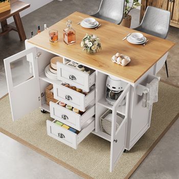 Isla De Cocina De 120x73(45)x93cm, Extensible, Con Espacio Para Toallas, Especias, Estantes Ajustables, 2 Puertas, 4 Cajones, Color Blanco.