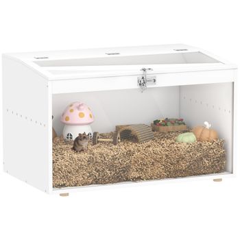 PawHut Jaula para Hámster Casa para Animales Pequeños con Tapa Abatible y Ventana de Acrílico Transparente 80x50x50 cm Blanco