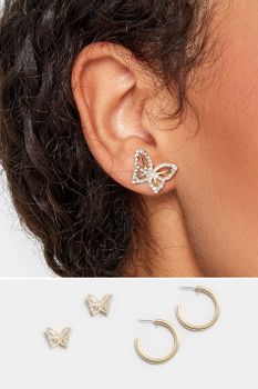 Juego 2 Pares De Pendientes Dorados Aros Y Mariposas
