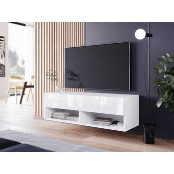 Mueble De Tv Lowboard A 100 Cm, Mueble De Televisión, Mueble De Salón, Con Iluminación Led, Color Blanco/blanco Brillo