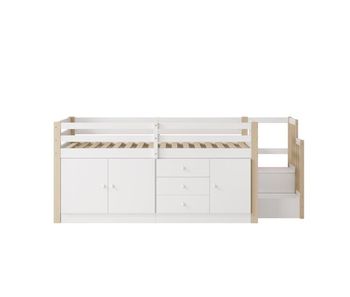 Cama alta infantil 90x200cm - con escalera, cajones, 2 armarios y barra de ropa - blanco