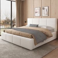 cama doble tapizada con somier de lamas y cabecera tapizada beige boucle 180x200 cm