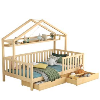 Cama Alta De 90 X 200 Cm - Cama Alta Con Cajones - Cama Individual Infantil - Madera Maciza - Natural