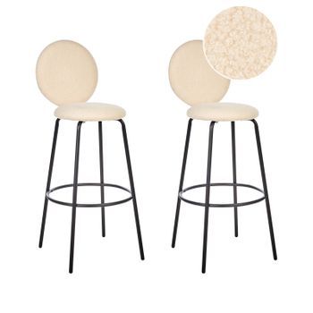 Conjunto De 2 Sillas De Bar De Bouclé Patas De Acero Negro Respaldo Redondo Patas De Tapas Comedor Beige Claro Emery