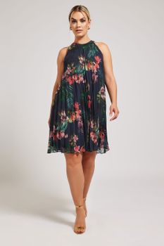 Yours London Vestido Halter Azul Floral Plisado Sin Mangas, Mujer Curvy Y Tallas Grandes, Yours London