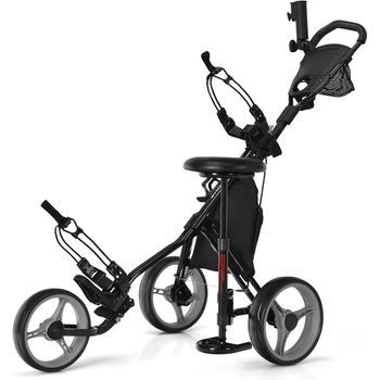 Carro Golf Con 3 Ruedas Y Plegable Porta Paraguas Regulable Y Asiento Bolsa Costway 130 X 75 X 116 Cm Negro