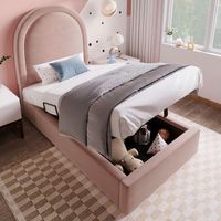 cama infantil 90x190 cm tela de terciopelo almacenamiento con elevador hidraulico canape de lamas incluido sin colchon color rosa