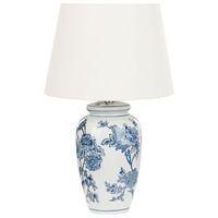 lampara de mesita de noche clasica con pantalla de tela de lino base de porcelana en forma de tambor blanco y azul beluso
