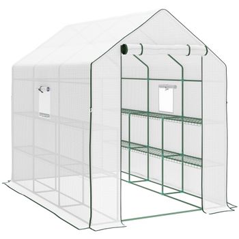 Outsunny Invernadero de Exterior con 12 Estantes Puerta Enrollable Cubierta de PE y Marco de Acero 140x213x190 cm Blanco