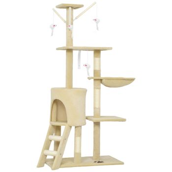 PawHut Árbol Rascador para Gatos Altura 134 cm con 6 Postes 3 Plataformas Cueva Hamaca Escalera 4 Juguetes Colgantes Beige
