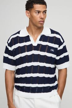 Man Embroidered Oversized Boxy Herringbone Stripe Knitted Polo, Navy