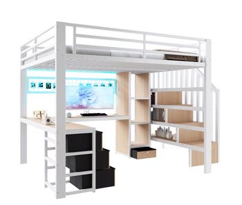 Cama alta, 140x200 cm - estructura metal, 4 cajones, escritorio, led, almacenamiento - blanco