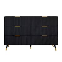mueble de tv de madera negra con lineas verticales y patas doradas