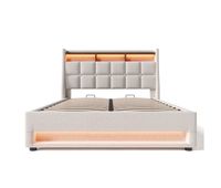 cama con almacenaje de lino 140x200 cm con led y puertos usb - somier - beige