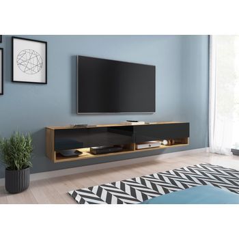 Mueble De Tv Lowboard A 180 Cm, Mueble De Televisión, Mueble De Salón, Sin Iluminación Led, Color Wotan/negro Brillo