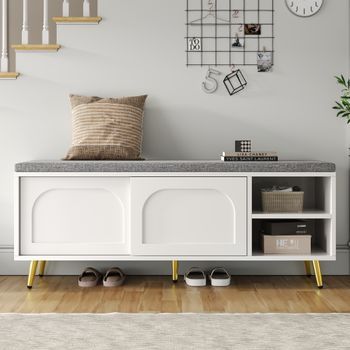 Banco Con Almacenaje - Con Asiento Y Estante - Tablero De Partículas - Blanco (121x35x49cm)
