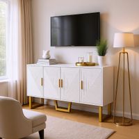 mueble de tv de madera blanca y dorada con 4 puertas geometricas