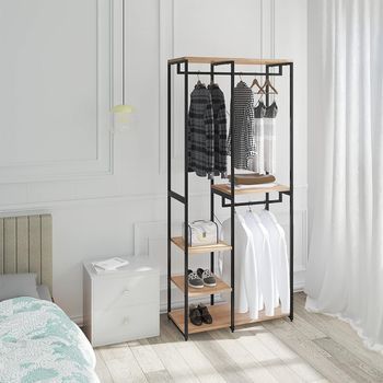 Armario De Almacenamiento Perchero De Metal Y Madera 5 Cm Negro Y 90x40x204 - Roble Claro - Woltu