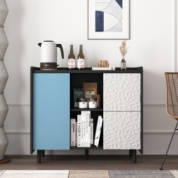 Aparador Buffet - Mueble Para Comedor Y Cocina - Mdf - Negro Y Azul (90x40x80cm)