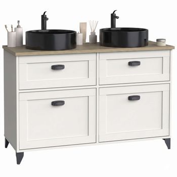 Mueble De Baño 120 Cm Doble Toscana Blanco Y Roble Cambrian (con Lavabos Cerámicos)