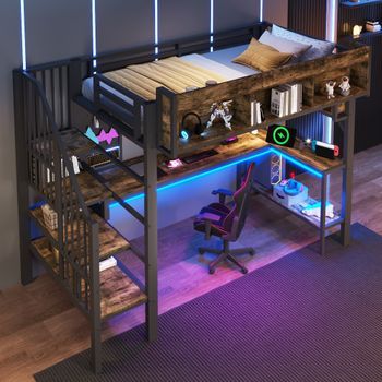 Cama Alta De 90 X 200 Cm Con Escritorio De Esquina, Estantes, Panel Perforado, Puertos Usb/tipo C E Iluminación Led - Metal Y Mdf - Negro