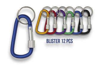 Mosquetón de Colores Surtidos de 7 cm metálicos, con anilla en Blister de 12 pìezas