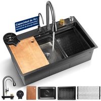 fregadero de cocina con grifo  acero inoxidable  serenelife  sl7546bk  con rejilla de drenaje canasta coladora tabla de cortar lavavasos  negro