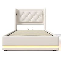 cama canape acolchada de 90 x 200cm en simil piel con funcion de carga y led a los pies de la cama blanco