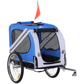PawHut Remolque de bicicleta para perros mascotas 8 reflectores bandera barra de enganche incluida 130x73x90 cm Blanco y Azul   Aosom España