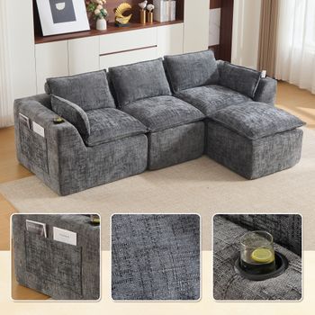 Sofá Modular De 3 Plazas Con Reposapiés, Chenilla Gris Oscuro Y Diseño Combinable