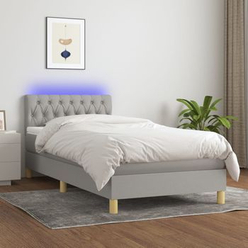 Cama Individual | Cama Box Spring | Cama Para Adultos Con Colchón Tela Y Led Gris Claro 90x190 Cm Cfw720414